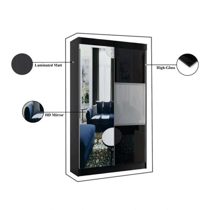 Black 2-door sliding wardrobe with mirrored door and high-gloss finish