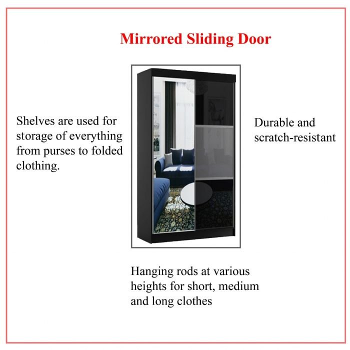 Mirrored sliding wardrobe in high-gloss black finish, 2 doors, one mirrored panel.