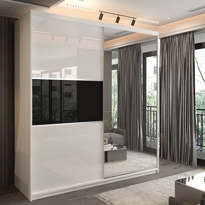Moncler 2-door white high gloss sliding wardrobe with mirrored door and black accent panel