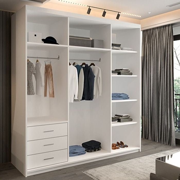 MONCLER 2 Door Sliding Wardrobe in White with mirrored doors, drawers, hanging space and shelves.