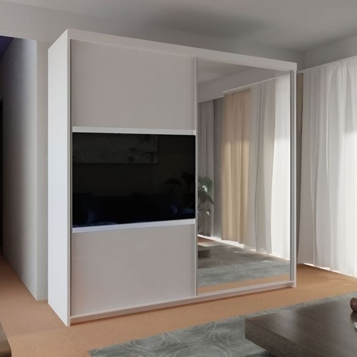 White 2-door sliding wardrobe with a mirrored panel, part of the MONCLER range.