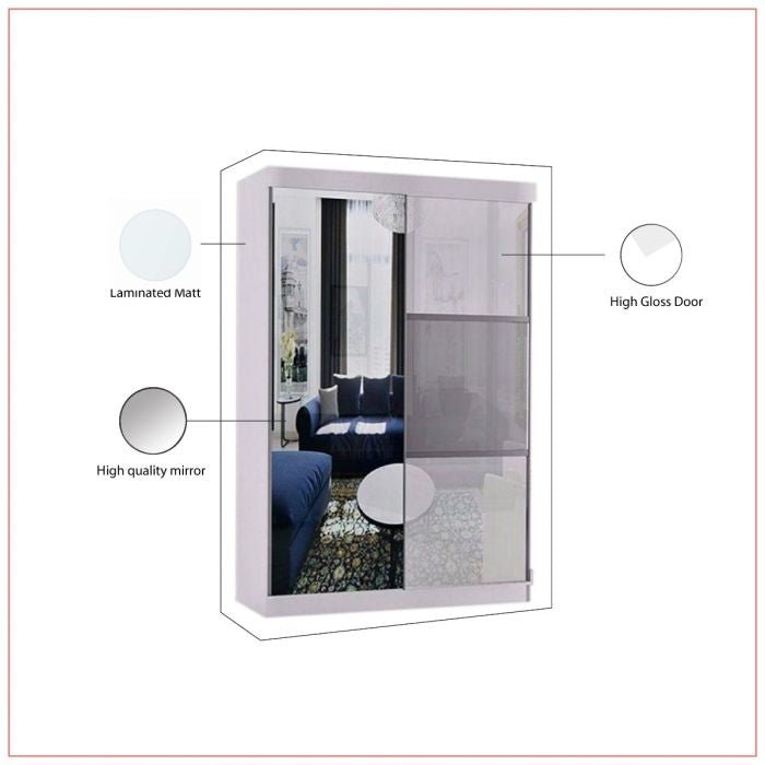 White 2-door sliding wardrobe with mirrored front panel and high gloss door detail.
