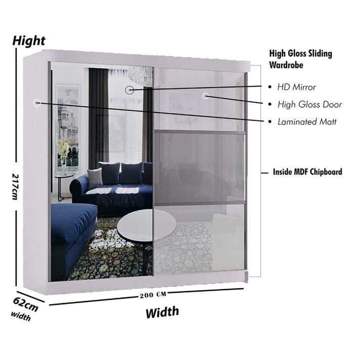White 200cm sliding wardrobe with mirrored doors and high gloss finish. Dimensions: 217cm H x 62cm D.
