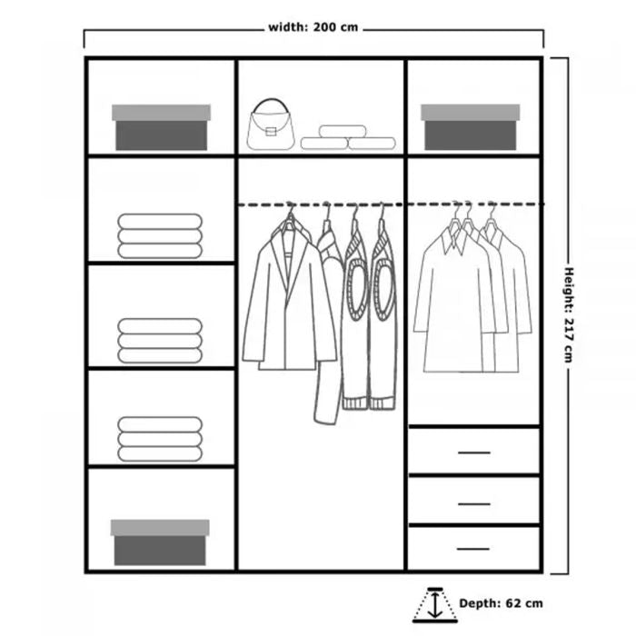 Diagram of a white 2-door sliding wardrobe showing shelves, hanging rail, and drawers. Width 200cm, height 217cm, depth 62cm.
