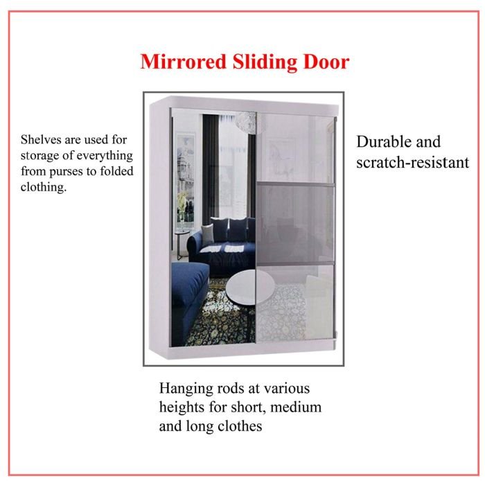 White 2 door mirrored sliding wardrobe with shelves and hanging rods