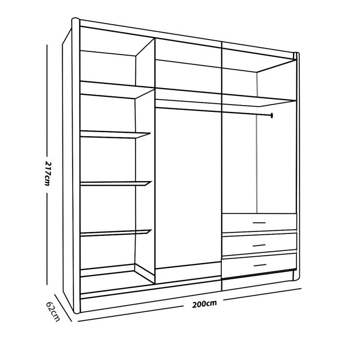 Line drawing of the MONCLER 2 Door Mirrored Sliding Wardrobe in white, featuring shelves on the left, tall hanging space in the center, and three drawers with a short hanging area on the right. Size: 200cm W x 62.9cm D x 217cm H.