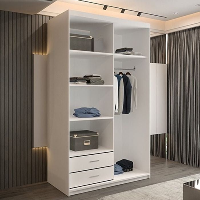 MONCLER 120cm white gloss 2-door sliding wardrobe with mirrored doors, internal shelves, drawers and hanging rail.