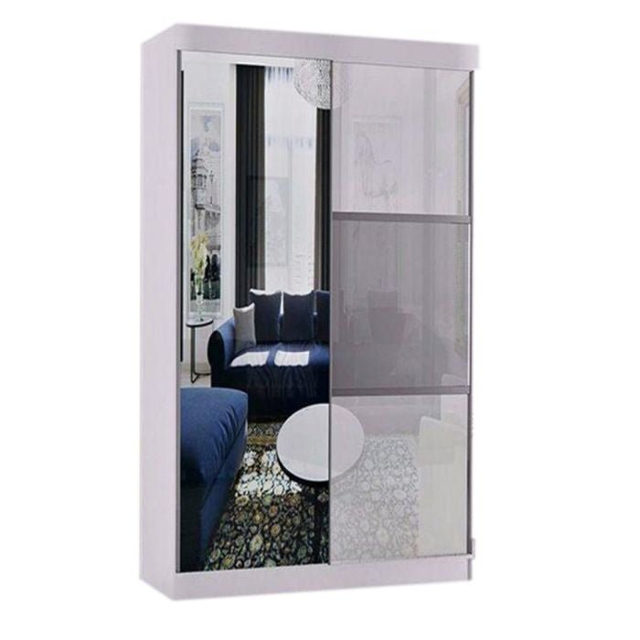 Moncler 120cm sliding wardrobe in white gloss with mirrored doors, reflecting a living room setting.