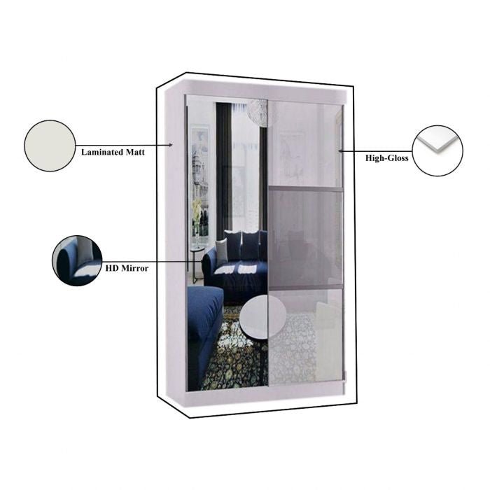 Moncler 2 door sliding wardrobe, white with mirrored doors and high gloss finish, laminated matt, HD mirror