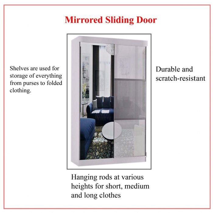 Moncler 120cm white mirrored sliding door wardrobe with internal shelves and hanging rails.