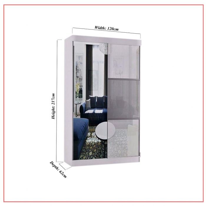Moncler 2 Door Sliding Mirrored Wardrobe White 120cm W x 217cm H x 62cm D