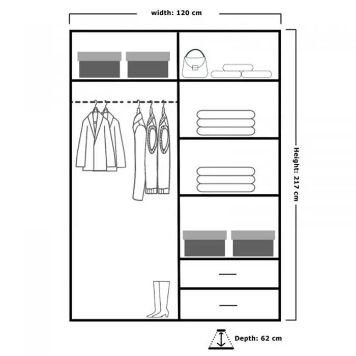 Diagram of MONCLER 2 door sliding wardrobe in white, 120cm W x 217cm H x 62cm D.