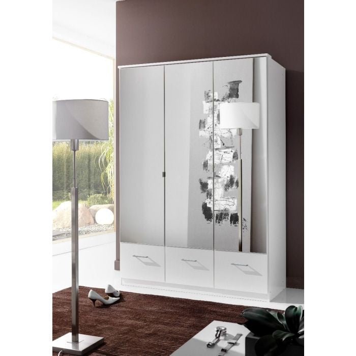 Modern white 135cm 3-door mirrored wardrobe with 3 drawers