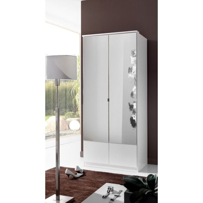 White 2-door wardrobe with mirrored panels and 2 drawers, INAGU model.