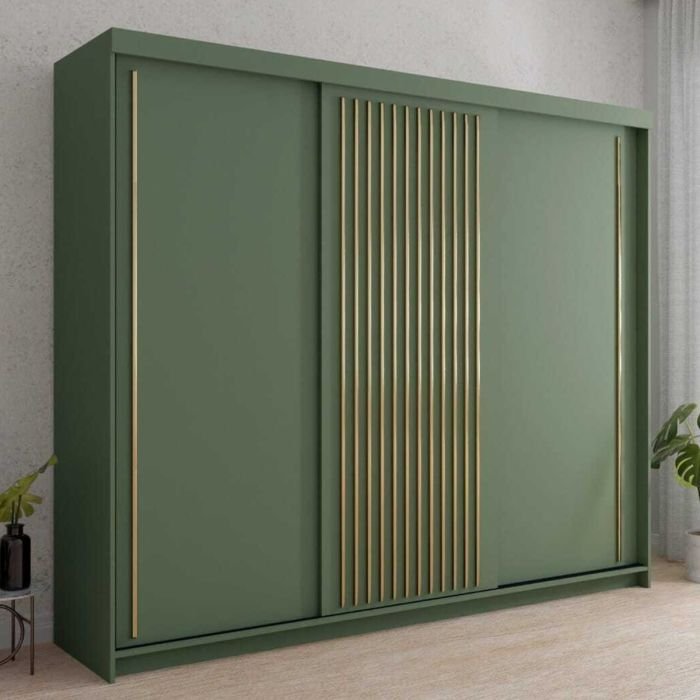 Green 3-door sliding wardrobe with gold fluted centre panels