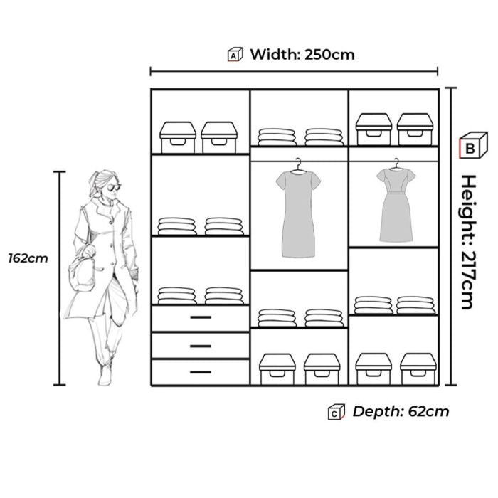 CHOICEWARDROBE KESTEVEN 250 wardrobe dimension drawing with internal layout, W250 x H217 x D62 cm.