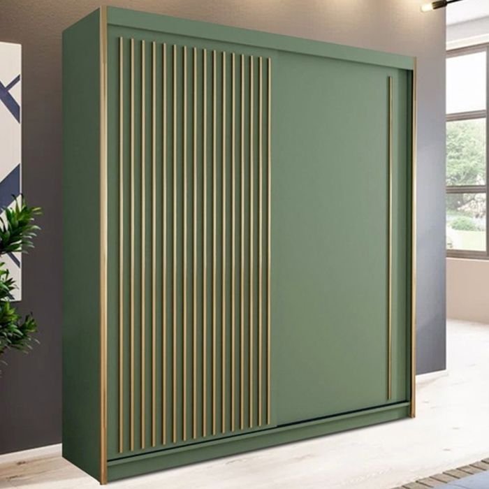 Green 2-door sliding wardrobe with gold fluted panel detail