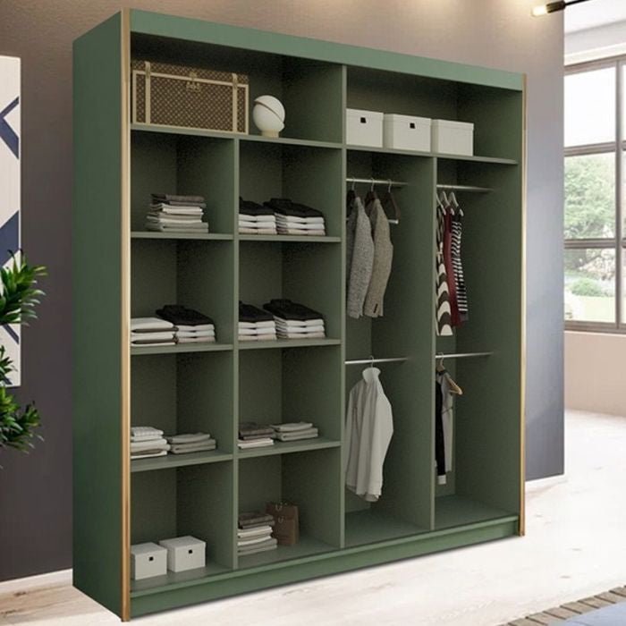 Green 2-door sliding wardrobe with open shelves and hanging rails visible.
