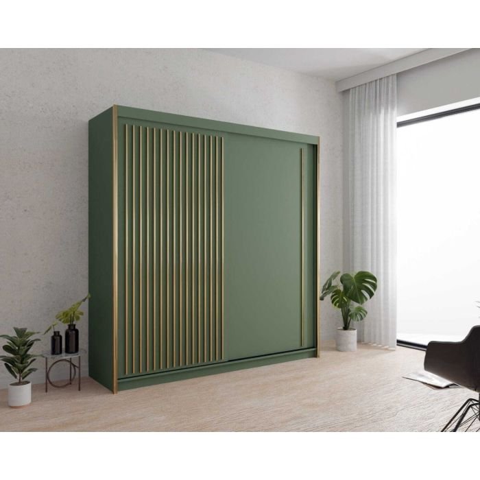 CHOICEWARDROBE KESTEVEN green 2-door sliding wardrobe with gold fluted panels in a light room.