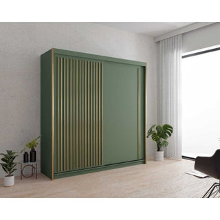 CHOICEWARDROBE Kesteven 203cm Sliding Door Wardrobe – Green Finish, 2-Door, Vertical Gold Slat Detailing