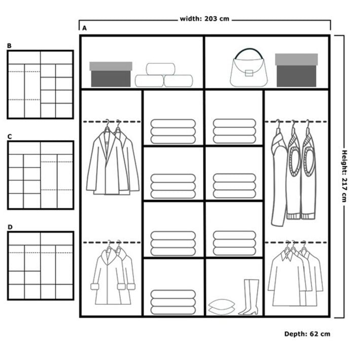 CHOICEWARDROBE KESTEVEN 203cm wardrobe storage layout diagram: 203cm W x 217cm H x 62cm D.