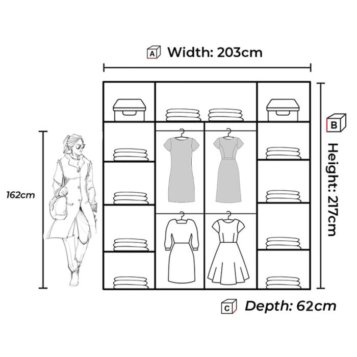 CHOICEWARDROBE KESTEVEN green sliding wardrobe dimensions diagram (203x217x62cm) with person scale