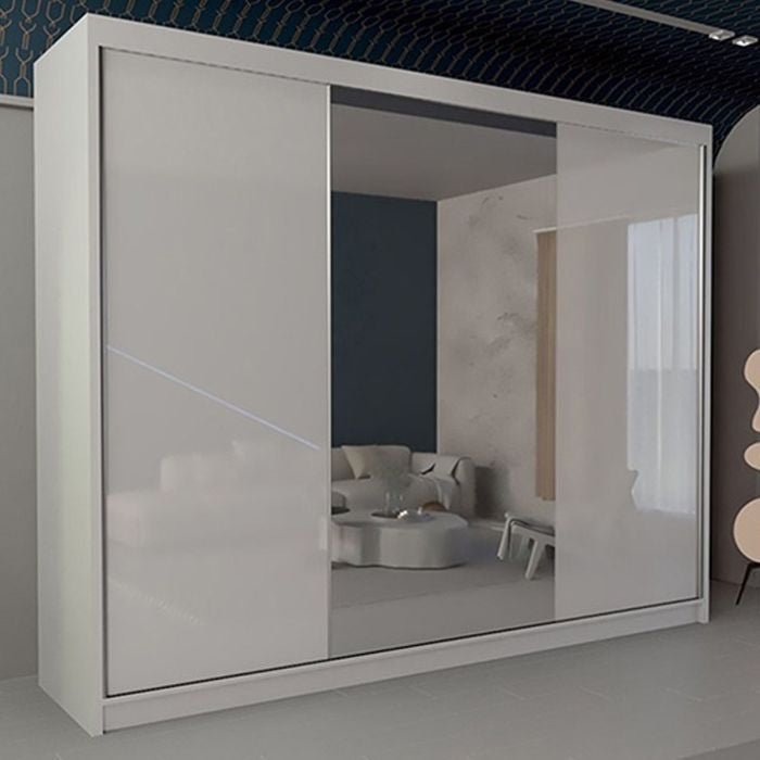 White high-gloss sliding wardrobe with one mirrored door panel, 250cm wide.