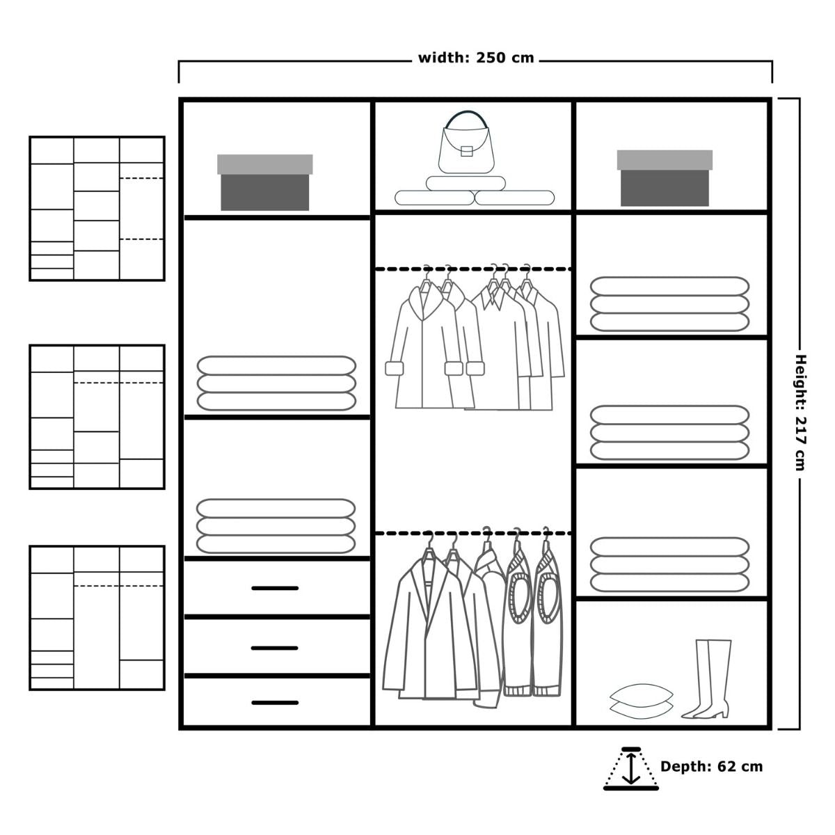 Diagram of CHOICEWARDROBE TEXAS 250 White wardrobe layout showing 250cm width, 217cm height, 62cm depth, with shelves, drawers, hanging space.