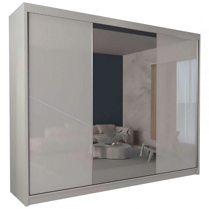 The CHOICEWARDROBE TEXAS 250 White 3 Door Mirrored Sliding Wardrobe features a sleek high-gloss finish and spacious storage—ideal for adding modern style and functionality to your bedroom.