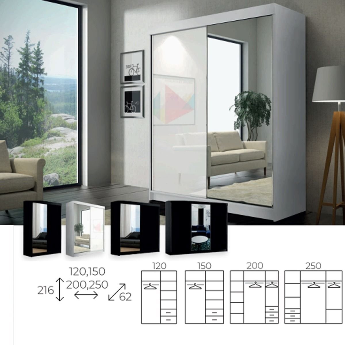 CHOICEWARDROBE Texas 250 black 3 door mirrored sliding wardrobe with size and layout diagrams