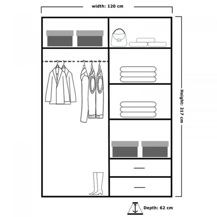 Diagram of CHOICEWARDROBE Texas white sliding wardrobe with mirrored door, showing shelves, hanging rail, and drawers.
