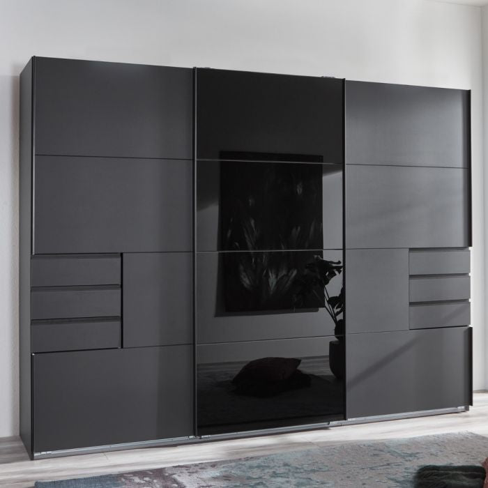 CHOICEWARDROBE Sogo 3-door sliding wardrobe in matte black with a mirrored centre panel.