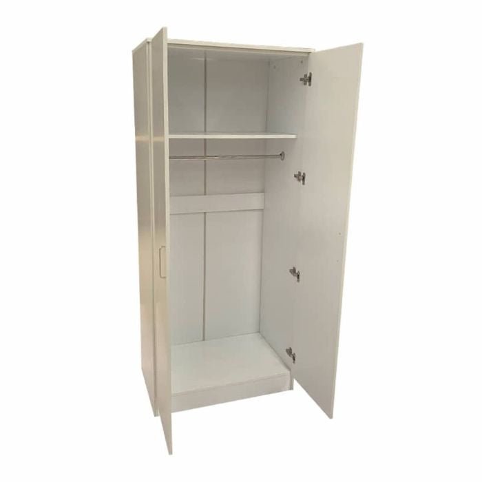 White SLEEK 2 door wardrobe showing internal hanging rail and upper shelf