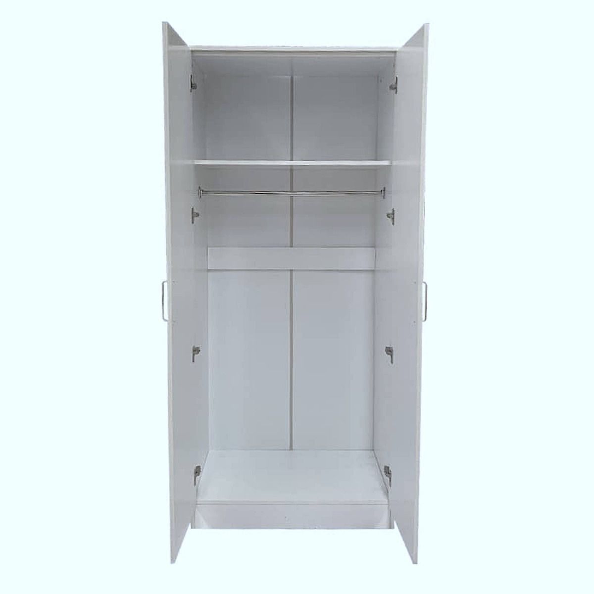 SLEEK 2 door white wardrobe, open with hanging rail and shelf. Minimalist design, 80cm width.