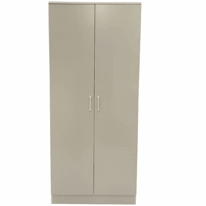 Grey 80cm 2 door wardrobe with simple silver handles, against a white background.
