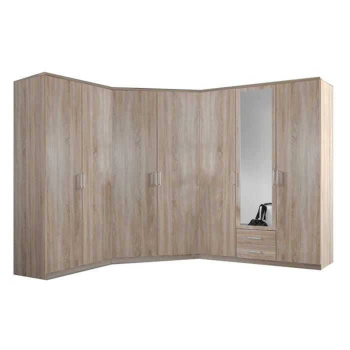 Corner wardrobe oak finish with mirror and drawers, featuring silver handles.