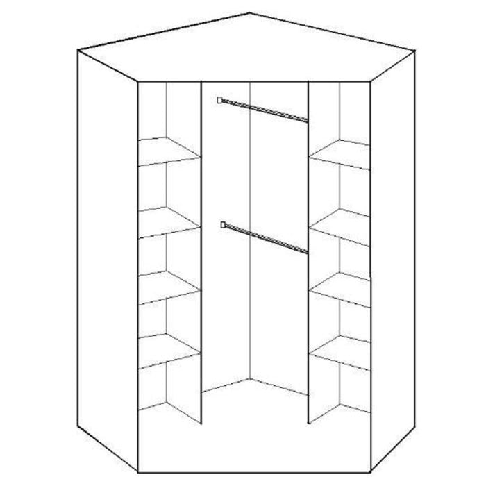 Line drawing of OKHRA 2-door corner wardrobe in oak, showing hanging rails and shelves.