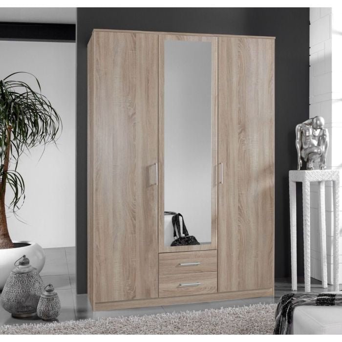 CHOICEWARDROBE OKHRA 3-door oak wardrobe with central mirror and 2 drawers.