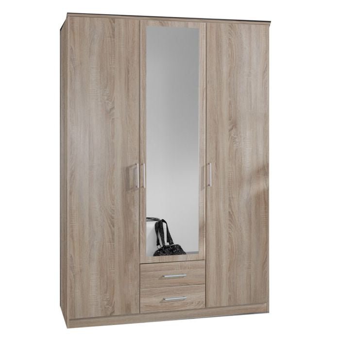 CHOICEWARDROBE OKHRA 3 door oak wardrobe with central mirror and 2 drawers.
