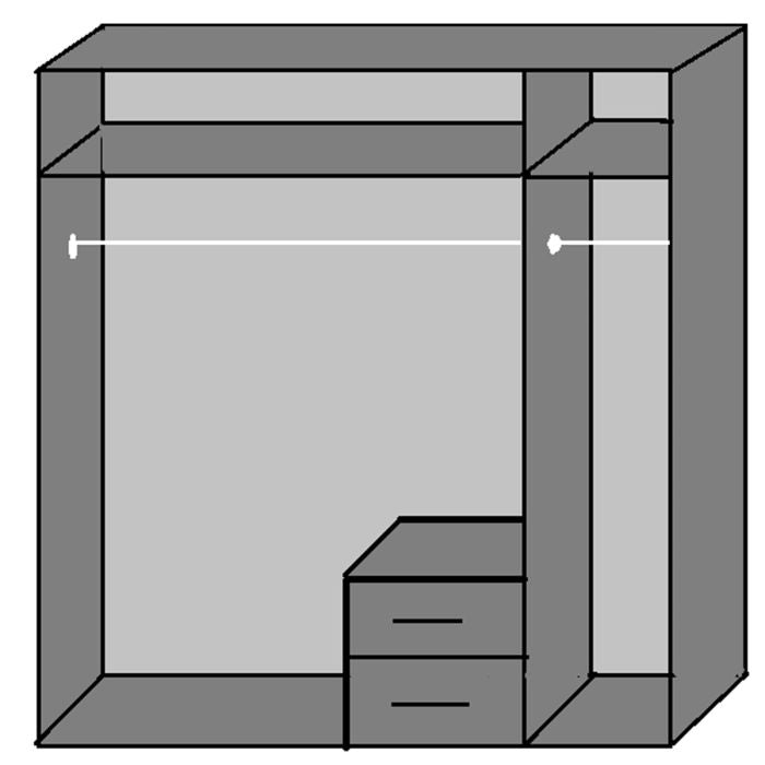 Line drawing of CHOICEWARDROBE OKHRA 3-door oak wardrobe with mirrored centre door, hanging rail and two drawers.