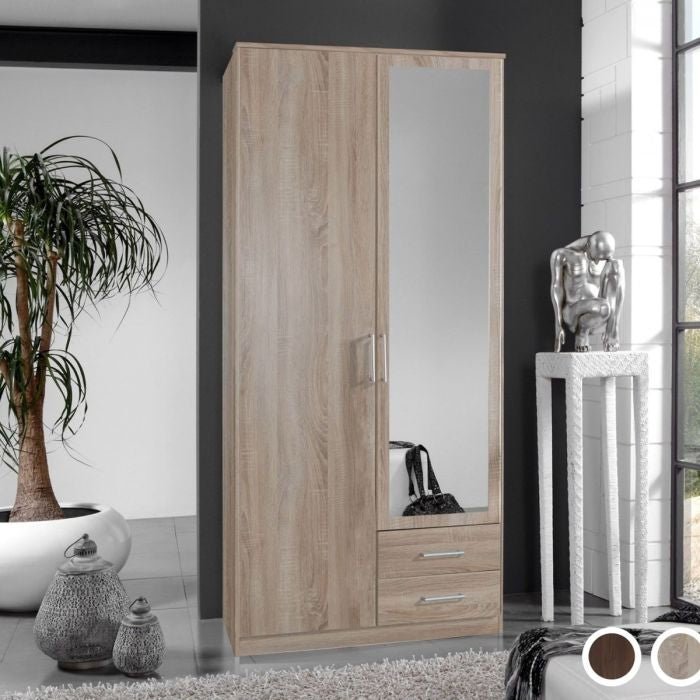 CHOICEWARDROBE OKHRA oak effect 2-door wardrobe with mirrored door and two drawers.