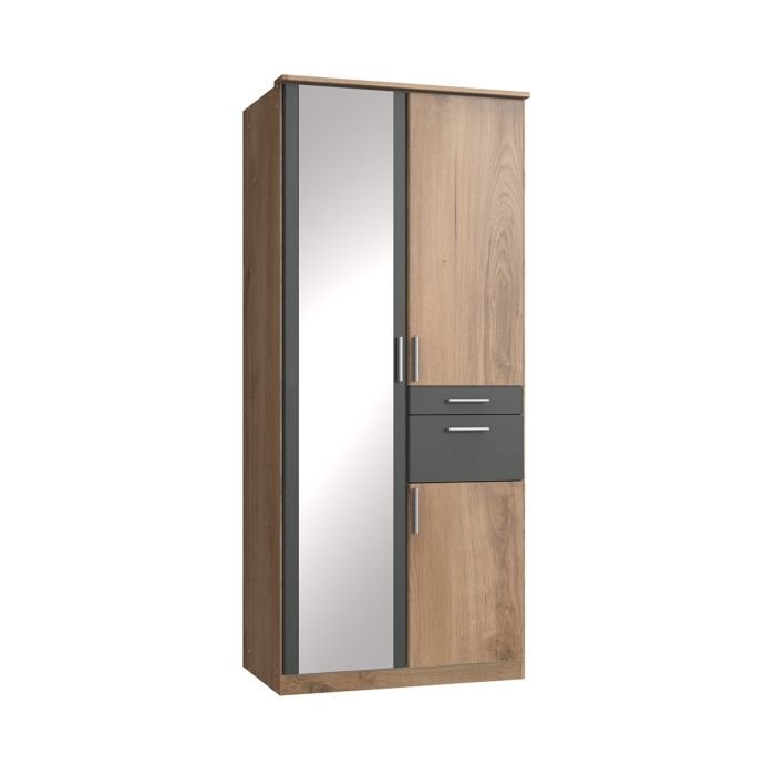 CHOICEWARDROBE KODERA 2 door hinged wardrobe, planked oak finish with mirrored door and two right-side drawers.