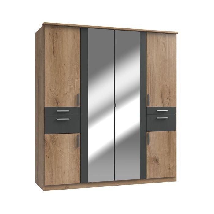 KODERA 4 Door Oak and Graphite Wardrobe with two mirrored centre doors