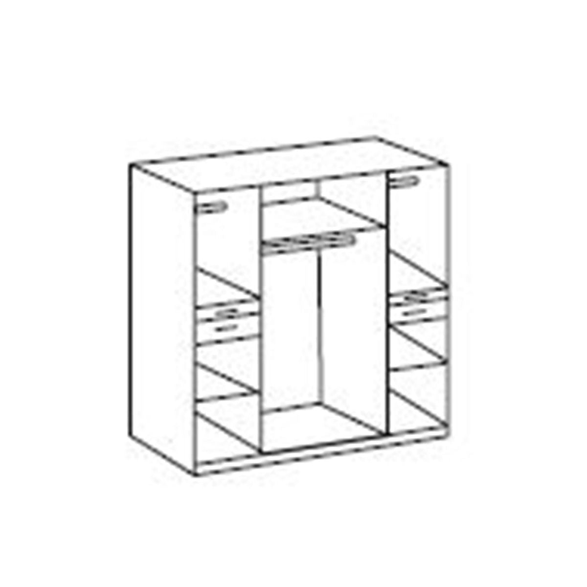 Line drawing of KODERA 4-door oak wardrobe with two mirrored doors and internal shelves and hanging rail.