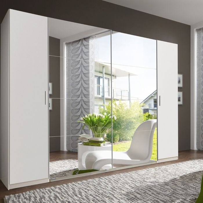 White 316cm sliding wardrobe with mirrored front doors, modern interior setting.