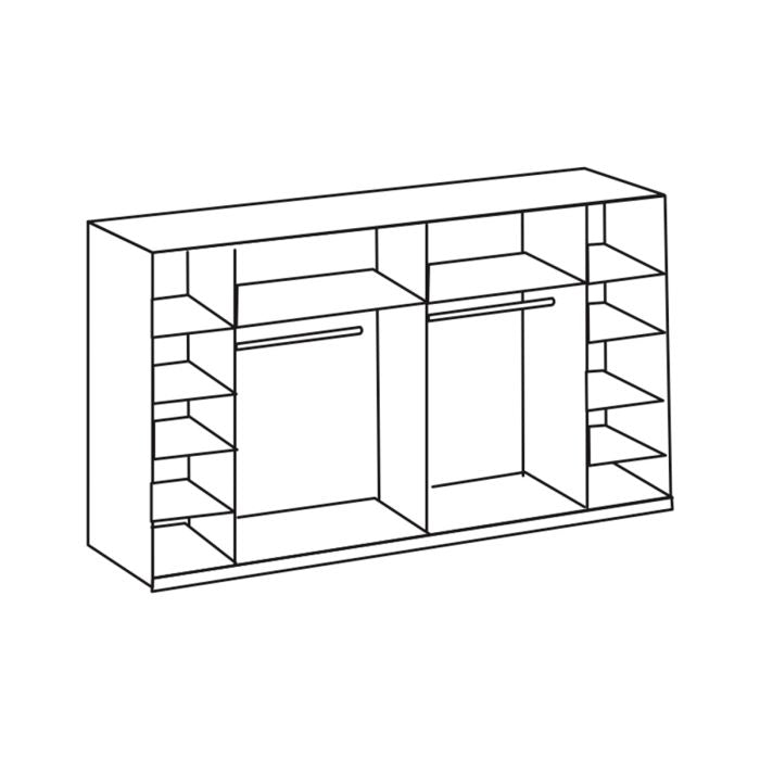 LANTAU sliding wardrobe line drawing, white finish, with two hanging rails and multiple shelves.