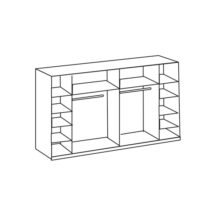 LANTAU 4-door white sliding wardrobe with mirrored front and two central hanging sections with shelves.
