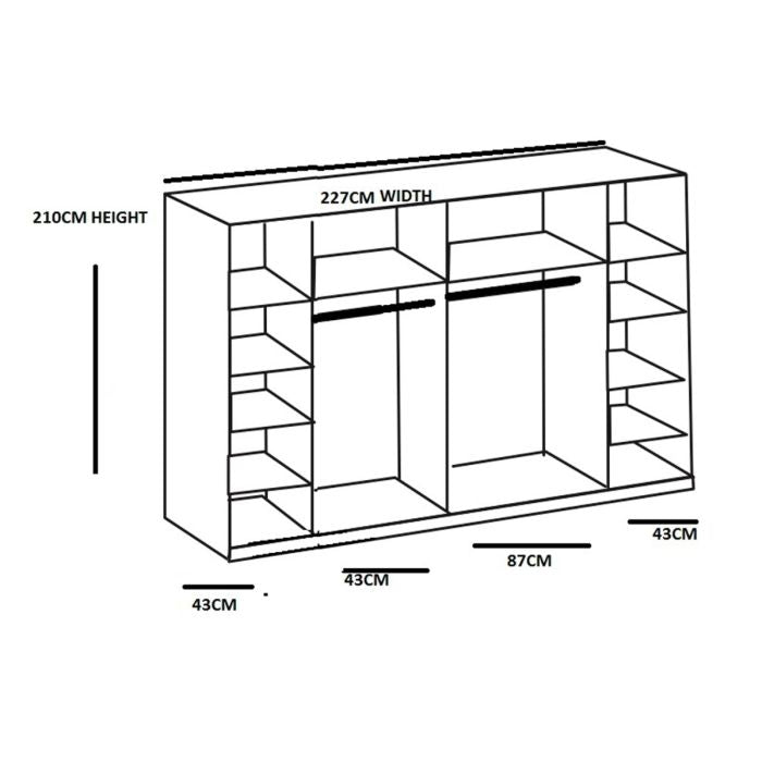 Diagram of white 227cm wide sliding wardrobe, 210cm high, 43cm deep. Features side shelves and two central hanging areas.