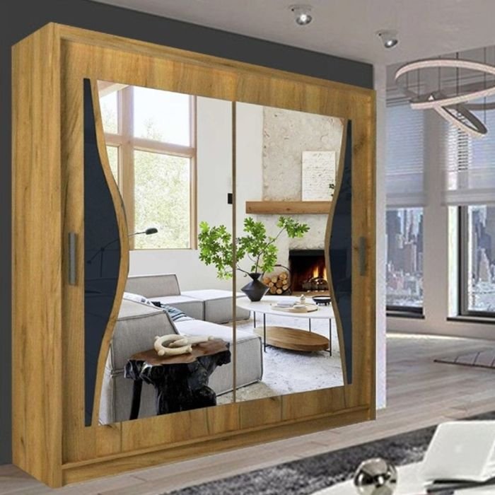 CHOICEWARDROBE Heffner 120cm 2-door oak sliding wardrobe with mirrored doors and curved inlays.