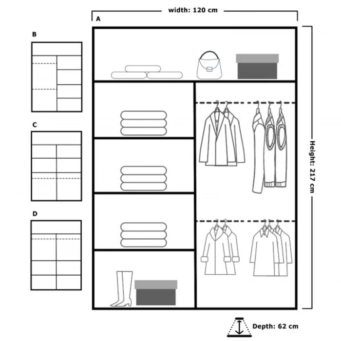 CHOICEWARDROBE Heffner 120cm oak wardrobe diagram with dimensions 120cm W x 217cm H x 62cm D.
